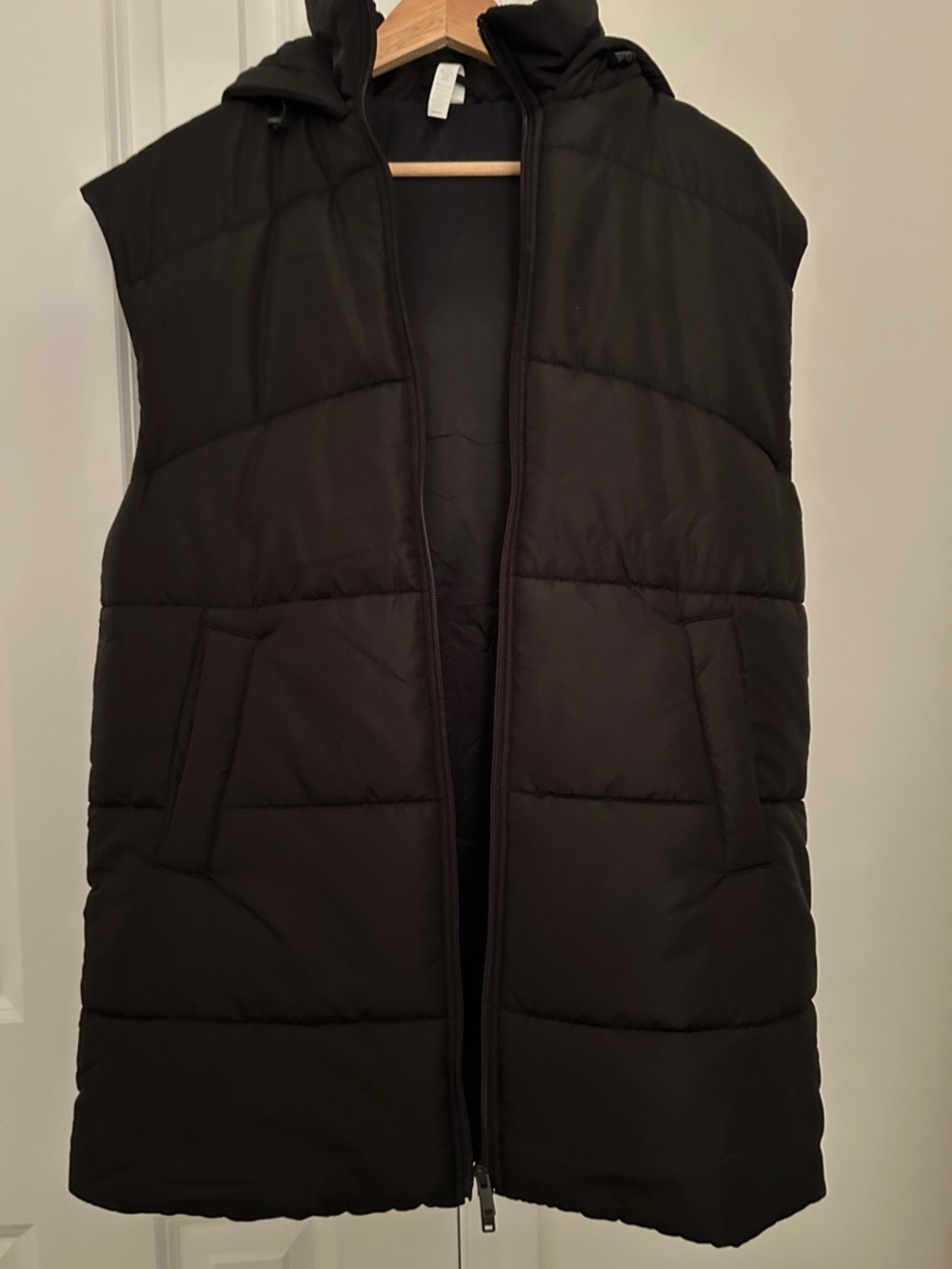 Zella Longline Black Puffer Vest with Hood